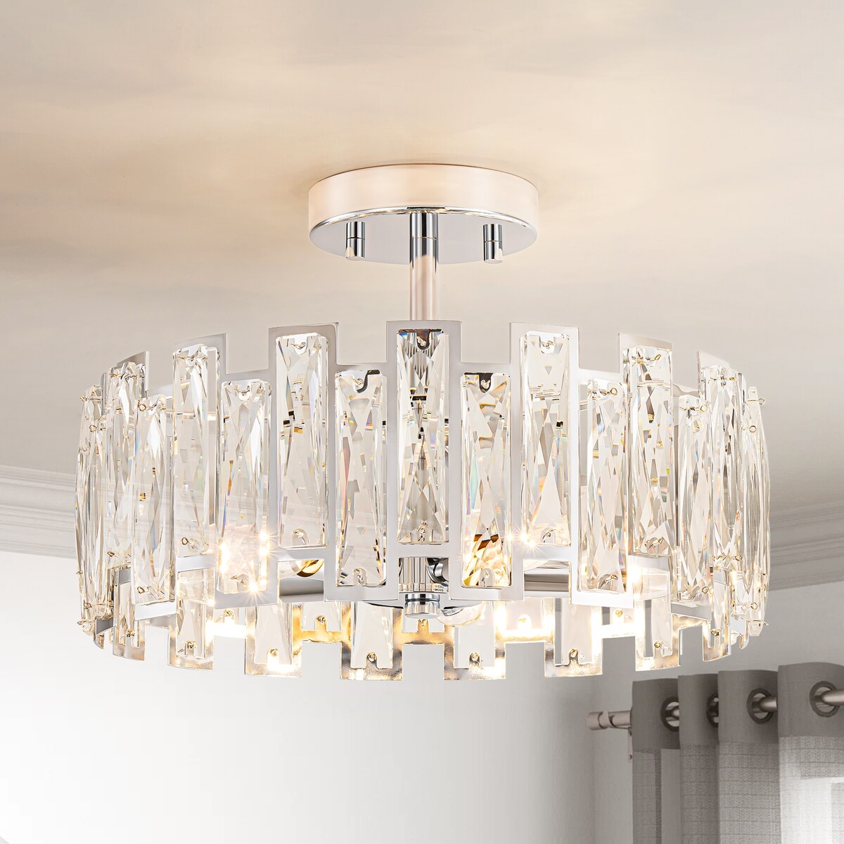5-Light Mid-Century Modern Glam Drum Crystal Semi-Flush Mount Light