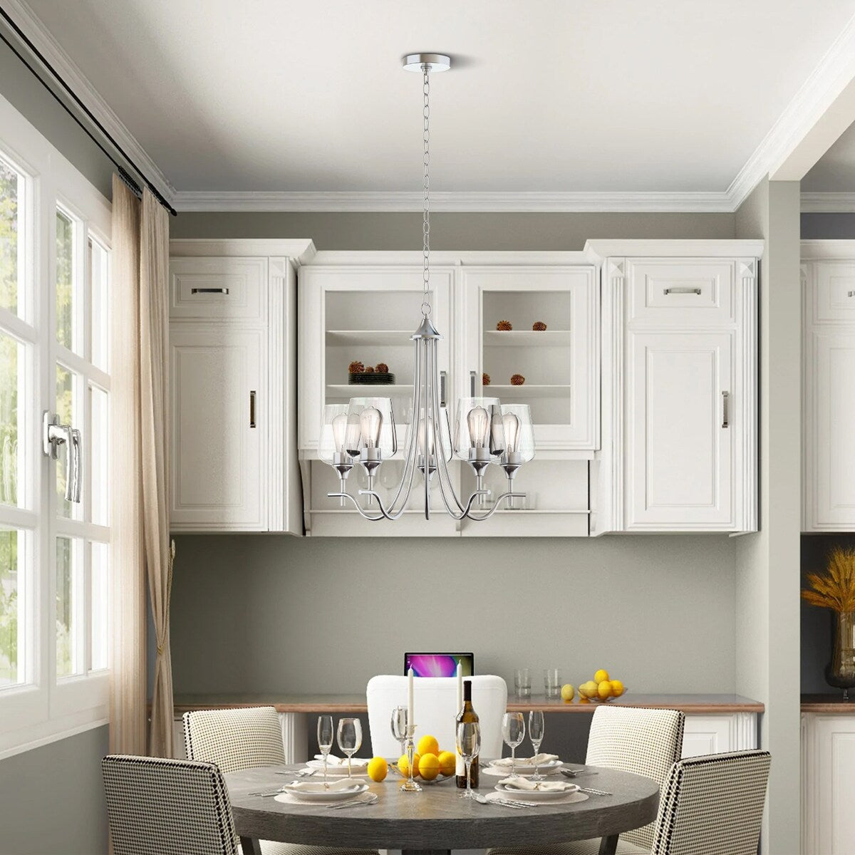 5-Light Modern Farmhouse Linear Sputnik Chandelier with Clear Glass Shade