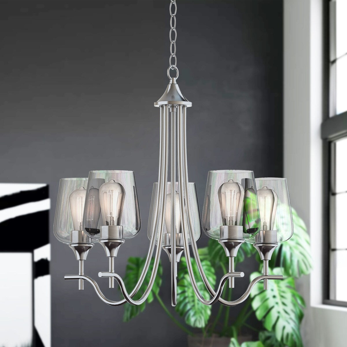 5-Light Modern Farmhouse Linear Sputnik Chandelier with Clear Glass Shade
