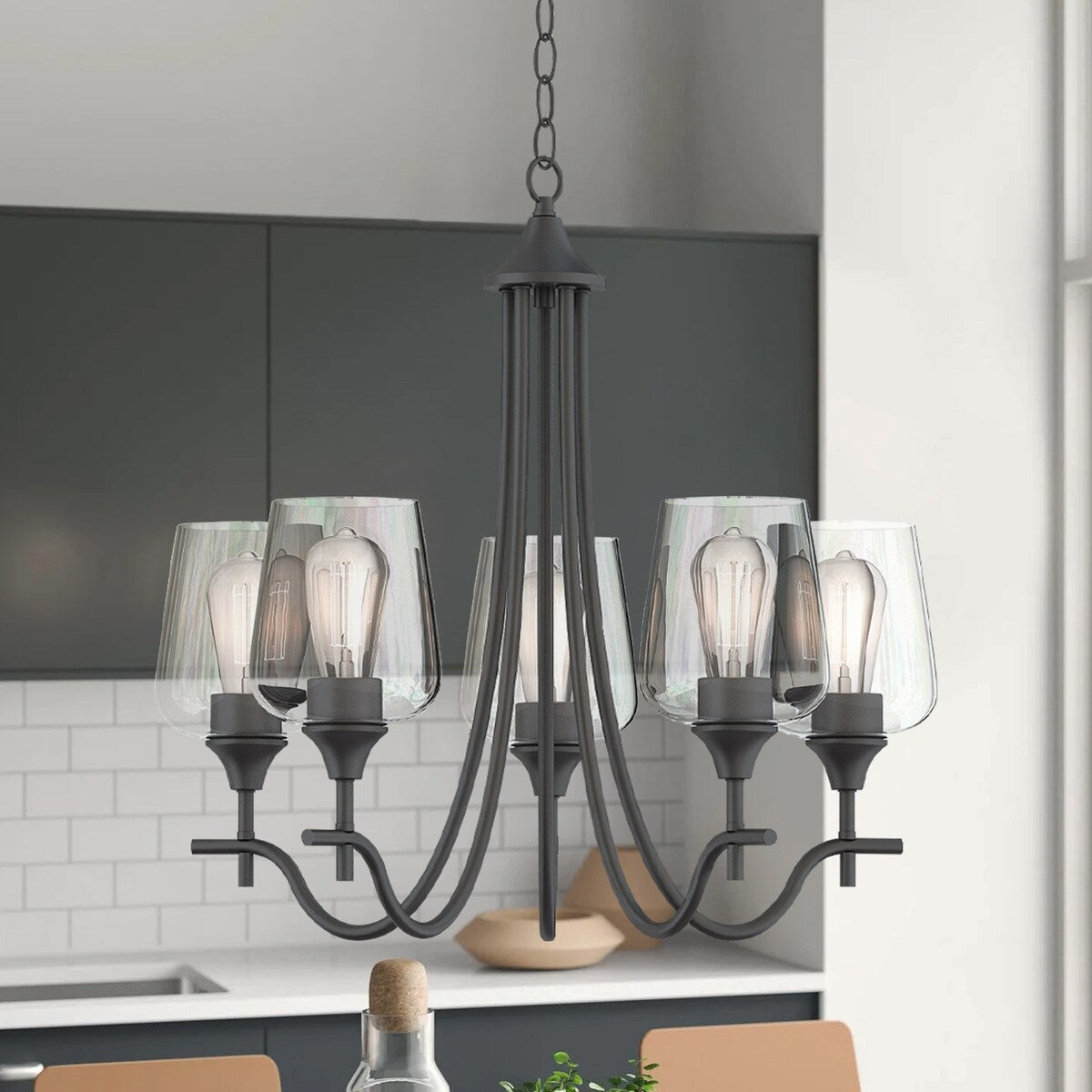 5-Light Modern Farmhouse Linear Sputnik Chandelier with Clear Glass Shade