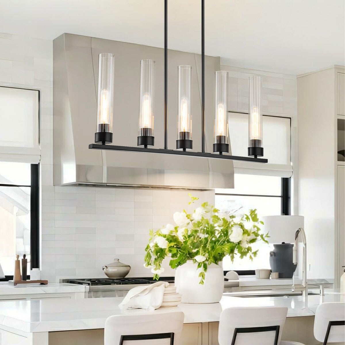 5-Light Modern Industrial Glass Linear Kitchen Island Pendant with Cylinder Clear Glass Shade for Dining Room