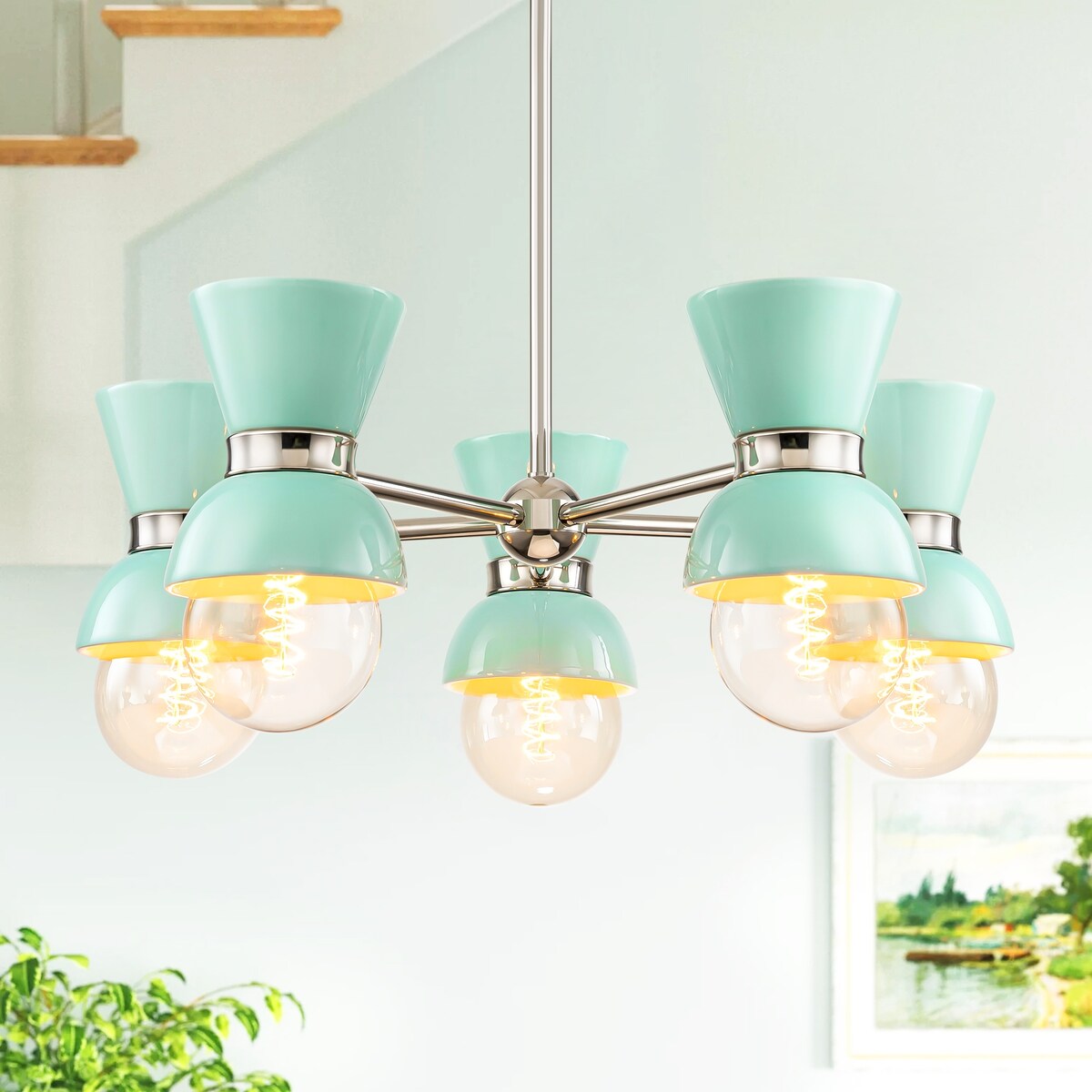 5-Light Modern Linear Sputnik Ceramic Chandelier Cone Globe Ceramic Island Pendant for Dining Room