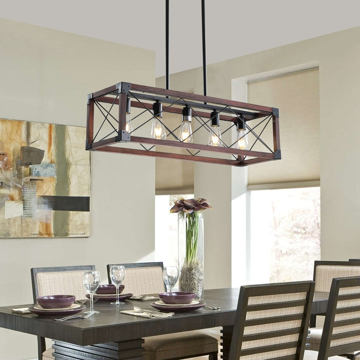 5-Light Retro Farmhouse Chandelier For Kitchen, Living room, Dining room Red(No Bulbs) - Red+Black