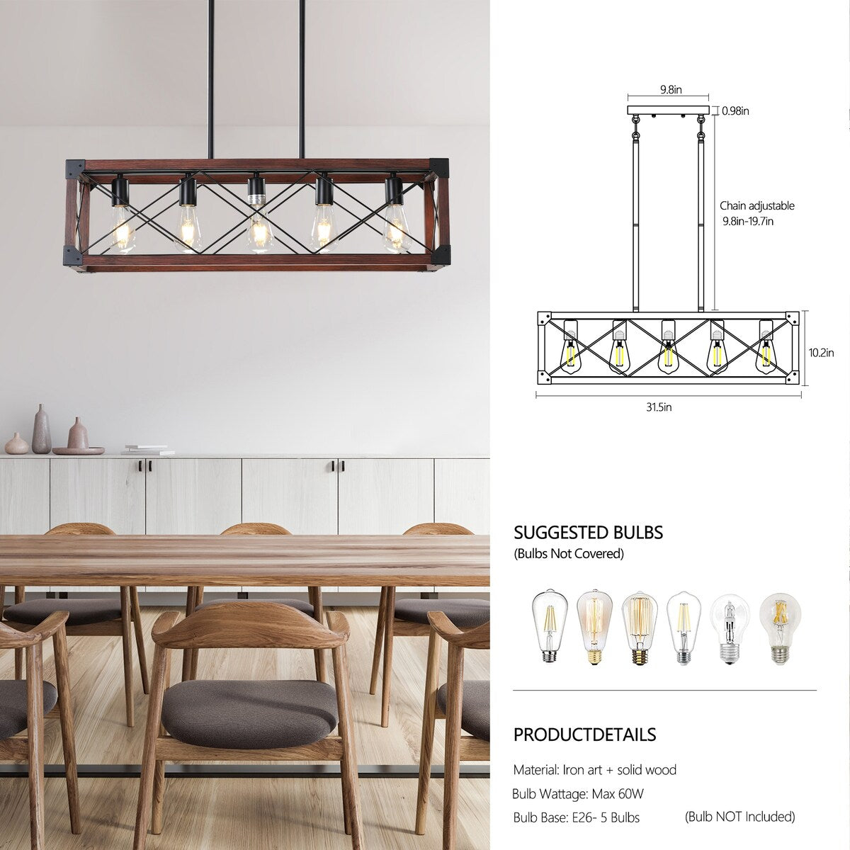 5-Light Retro Farmhouse Chandelier For Kitchen, Living room, Dining room Red(No Bulbs) - Red+Black