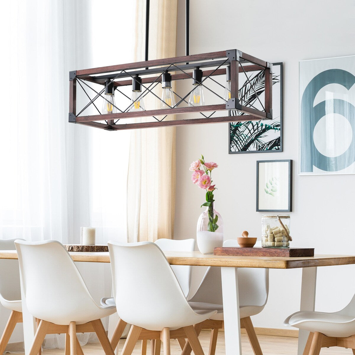 5-Light Retro Farmhouse Chandelier For Kitchen, Living room, Dining room Red(No Bulbs) - Red+Black