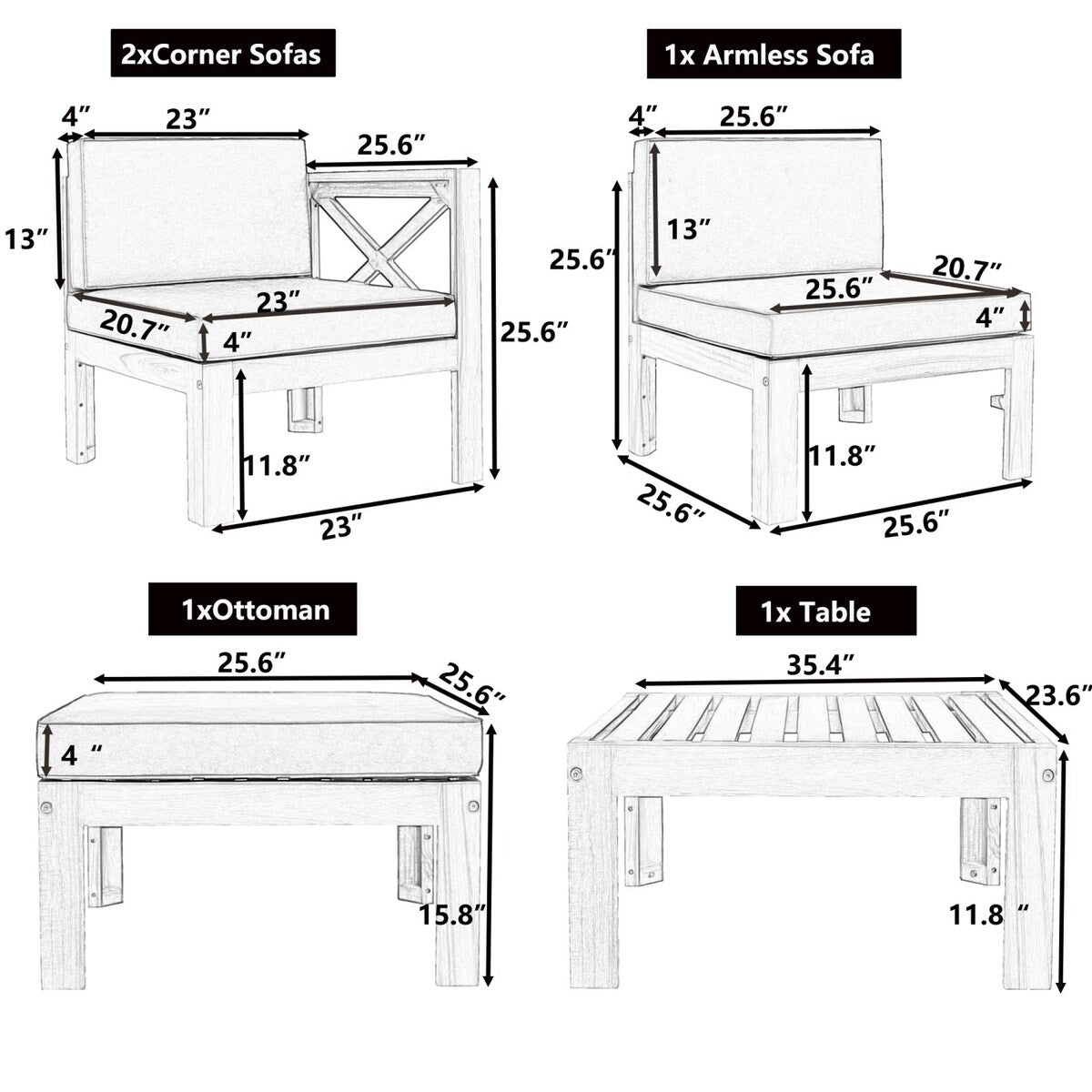 5 PCS Outdoor Backyard Patio Wood Sectional Sofa Set with Cushions