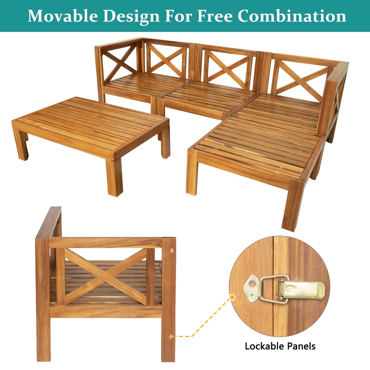 5 PCS Outdoor Backyard Patio Wood Sectional Sofa Set with Cushions