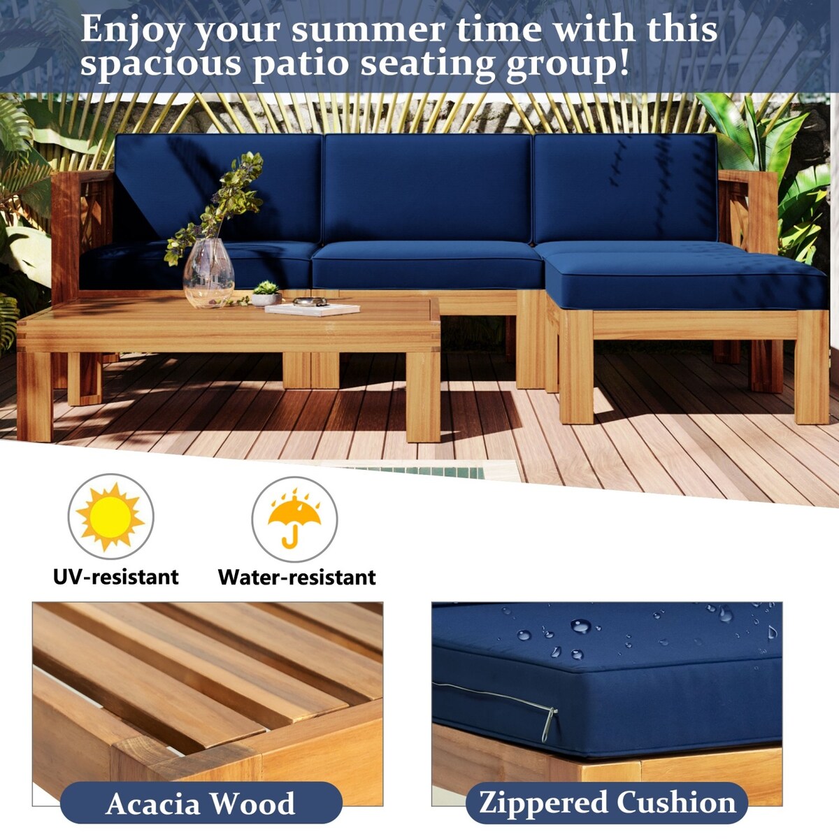 5 PCS Outdoor Backyard Patio Wood Sectional Sofa Set with Cushions