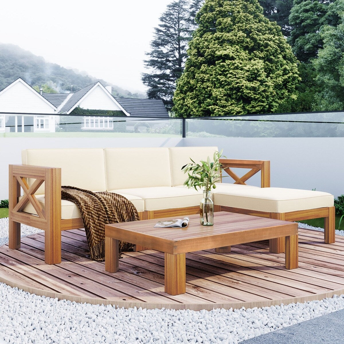 5 PCS Outdoor Backyard Patio Wood Sectional Sofa Set with Cushions