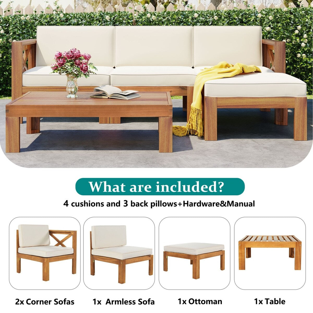 5 PCS Outdoor Backyard Patio Wood Sectional Sofa Set with Cushions