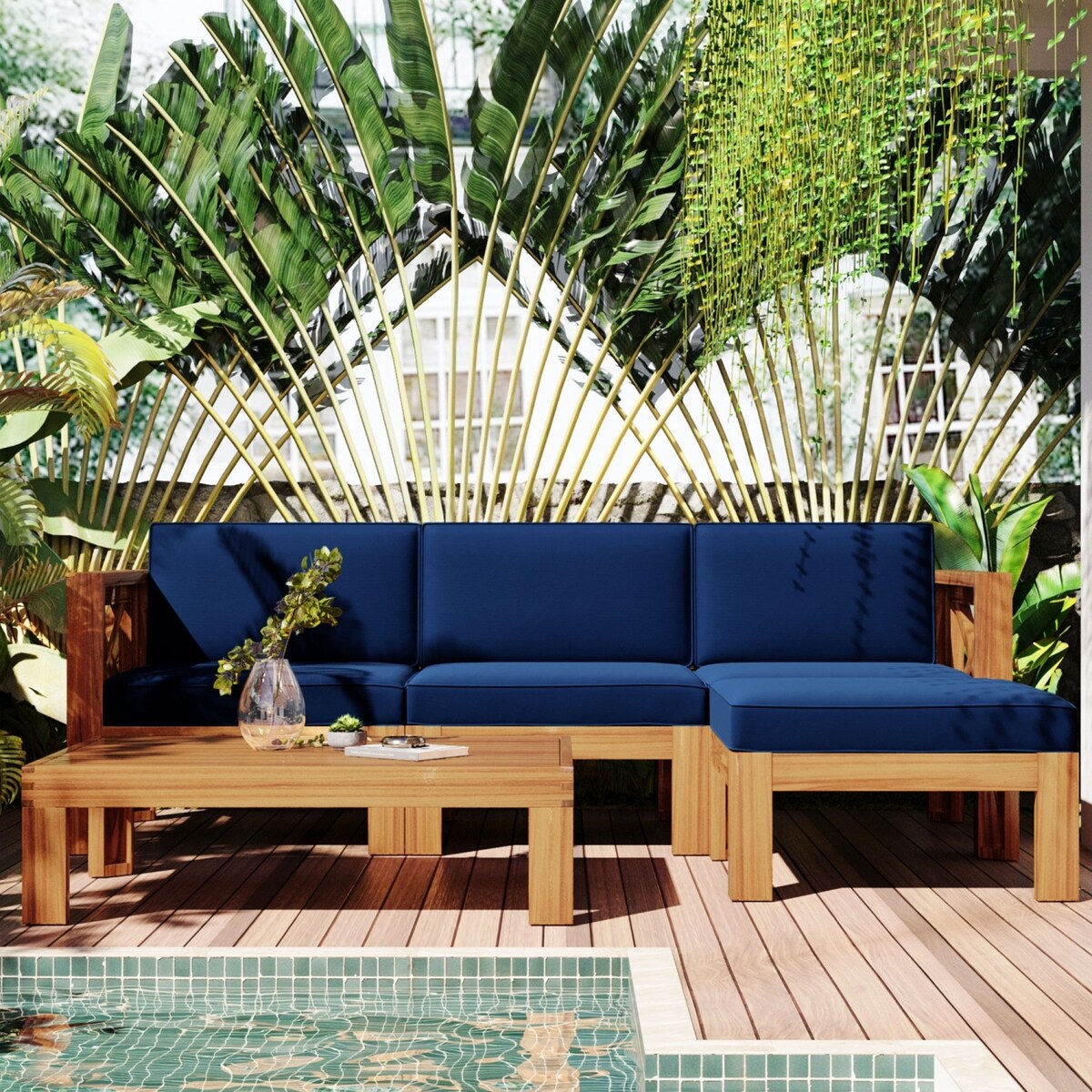 5 PCS Outdoor Backyard Patio Wood Sectional Sofa Set with Cushions
