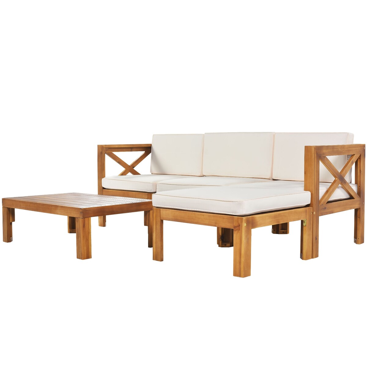 5 PCS Outdoor Backyard Patio Wood Sectional Sofa Set with Cushions