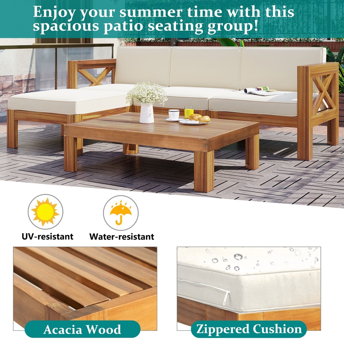 5 PCS Outdoor Backyard Patio Wood Sectional Sofa Set with Cushions