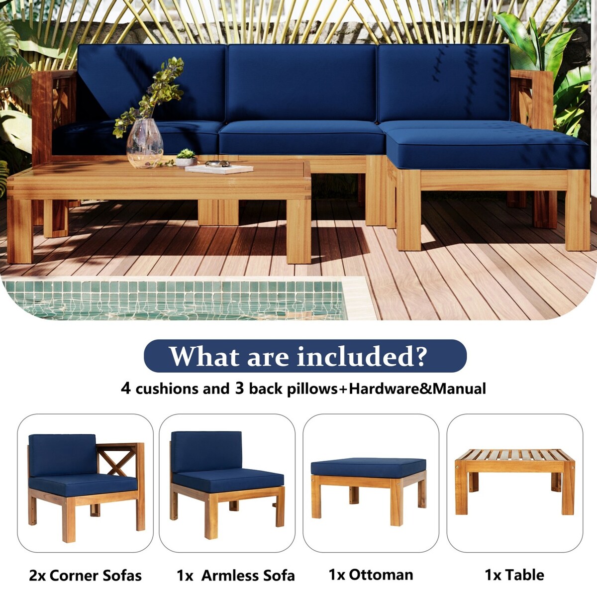 5 PCS Outdoor Backyard Patio Wood Sectional Sofa Set with Cushions