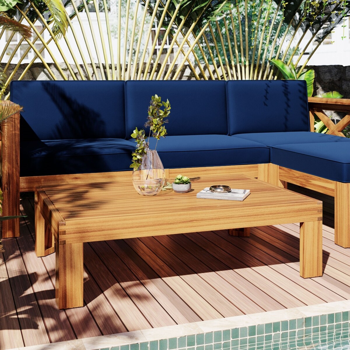 5 PCS Outdoor Backyard Patio Wood Sectional Sofa Set with Cushions