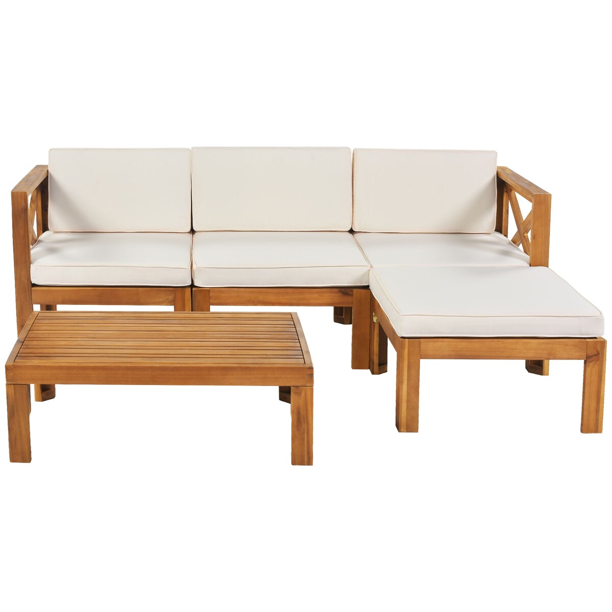 5 PCS Outdoor Backyard Patio Wood Sectional Sofa Set with Cushions