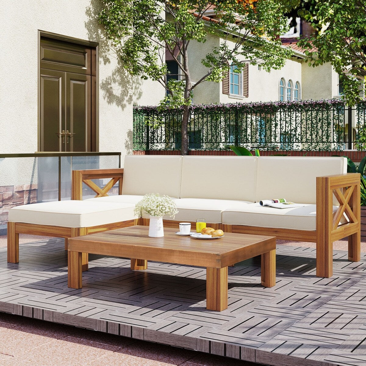 5 PCS Outdoor Backyard Patio Wood Sectional Sofa Set with Cushions