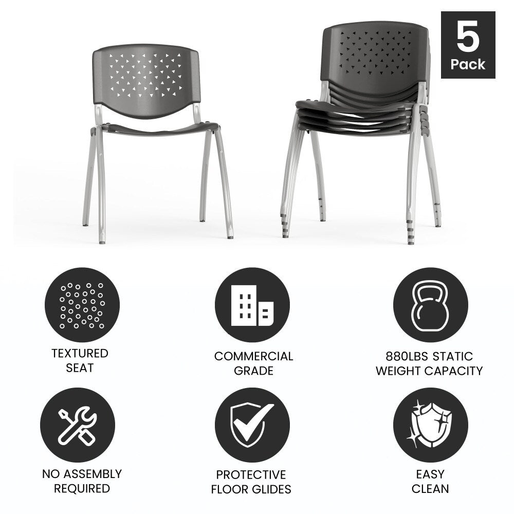 5 Pack 880 lb. Capacity Plastic Stack Chair with Powder Coated Frame