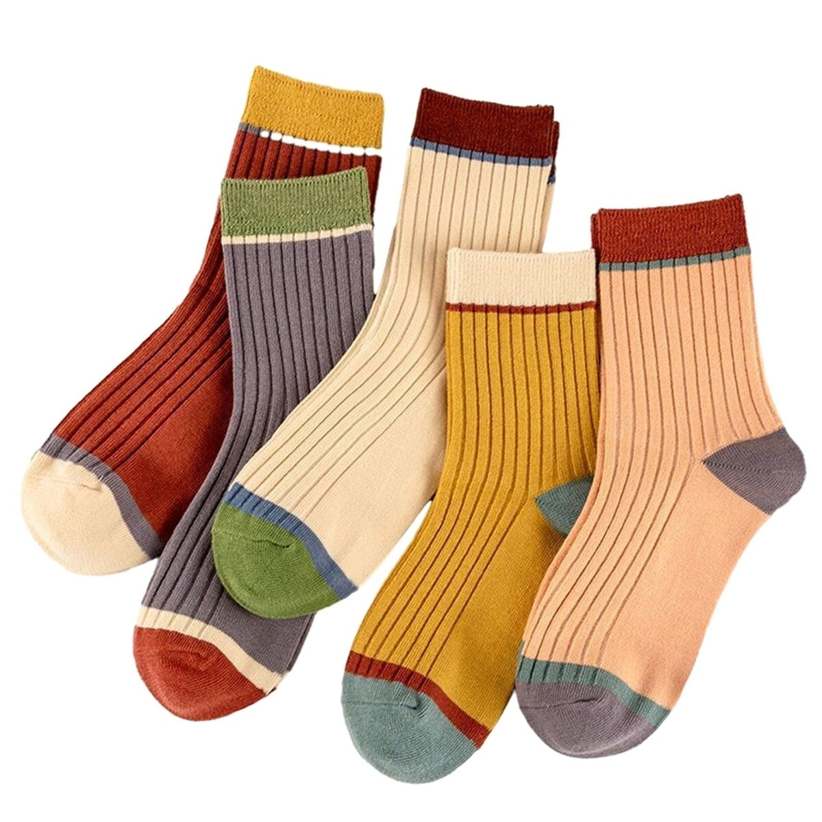 5 Pairs Women Candy Color Splicing Design Socks MidTube Ribbed Breathable SweatAbsorbent High Elastic Socks