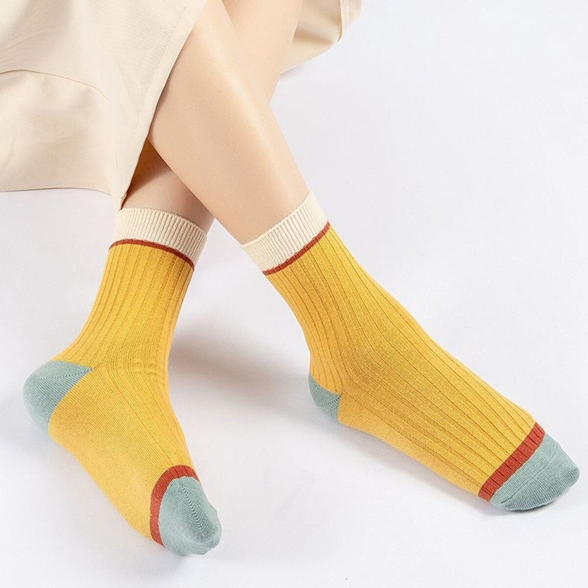 5 Pairs Women Candy Color Splicing Design Socks MidTube Ribbed Breathable SweatAbsorbent High Elastic Socks