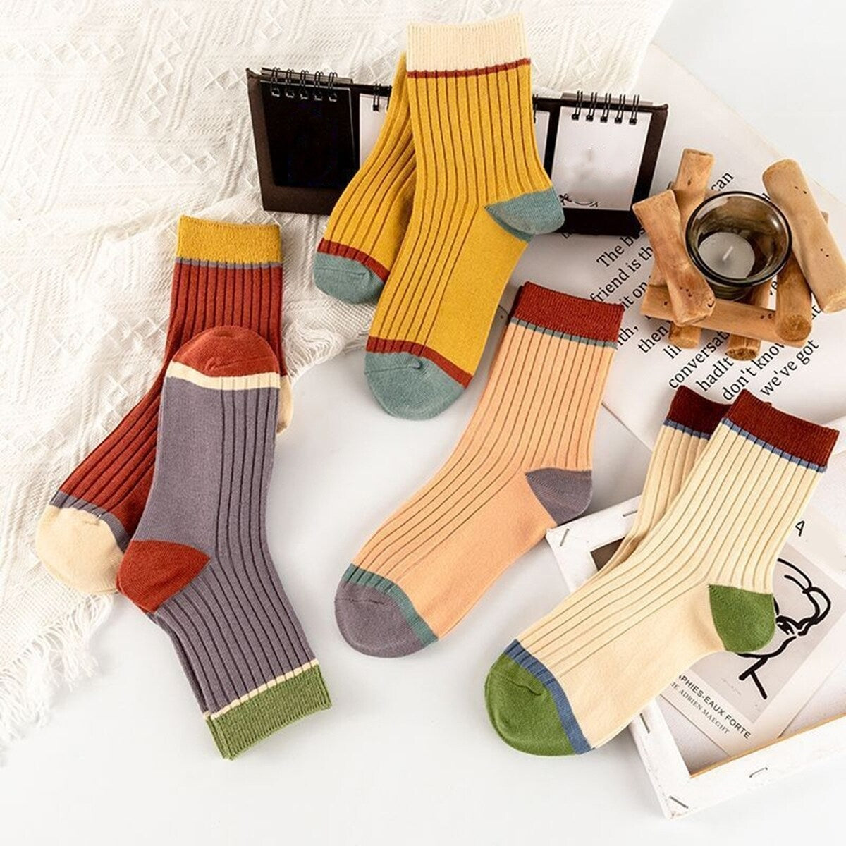 5 Pairs Women Candy Color Splicing Design Socks MidTube Ribbed Breathable SweatAbsorbent High Elastic Socks