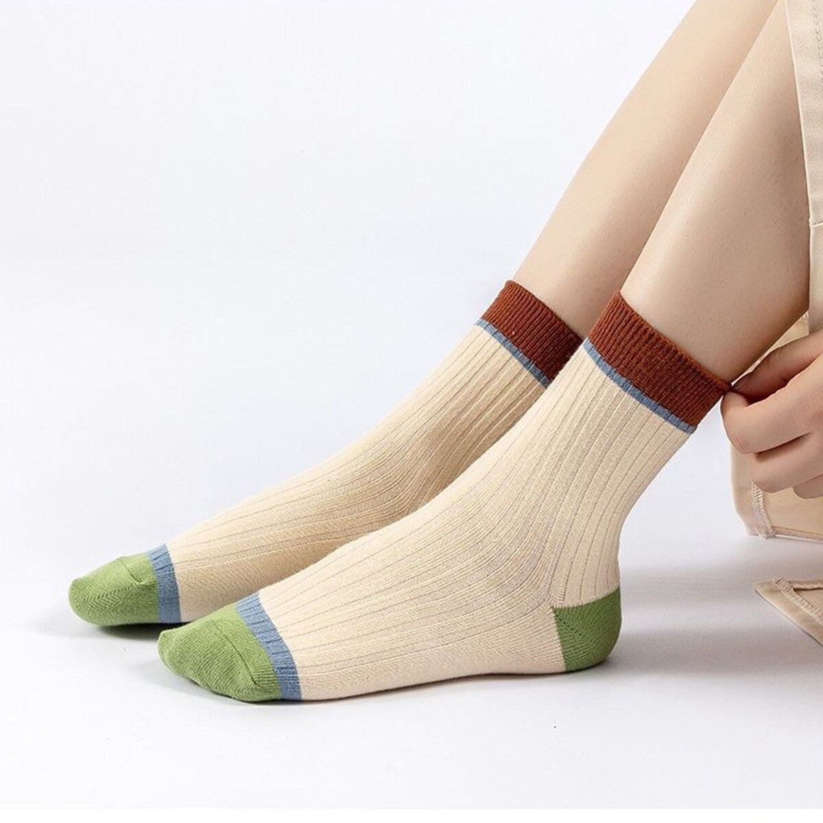 5 Pairs Women Candy Color Splicing Design Socks MidTube Ribbed Breathable SweatAbsorbent High Elastic Socks