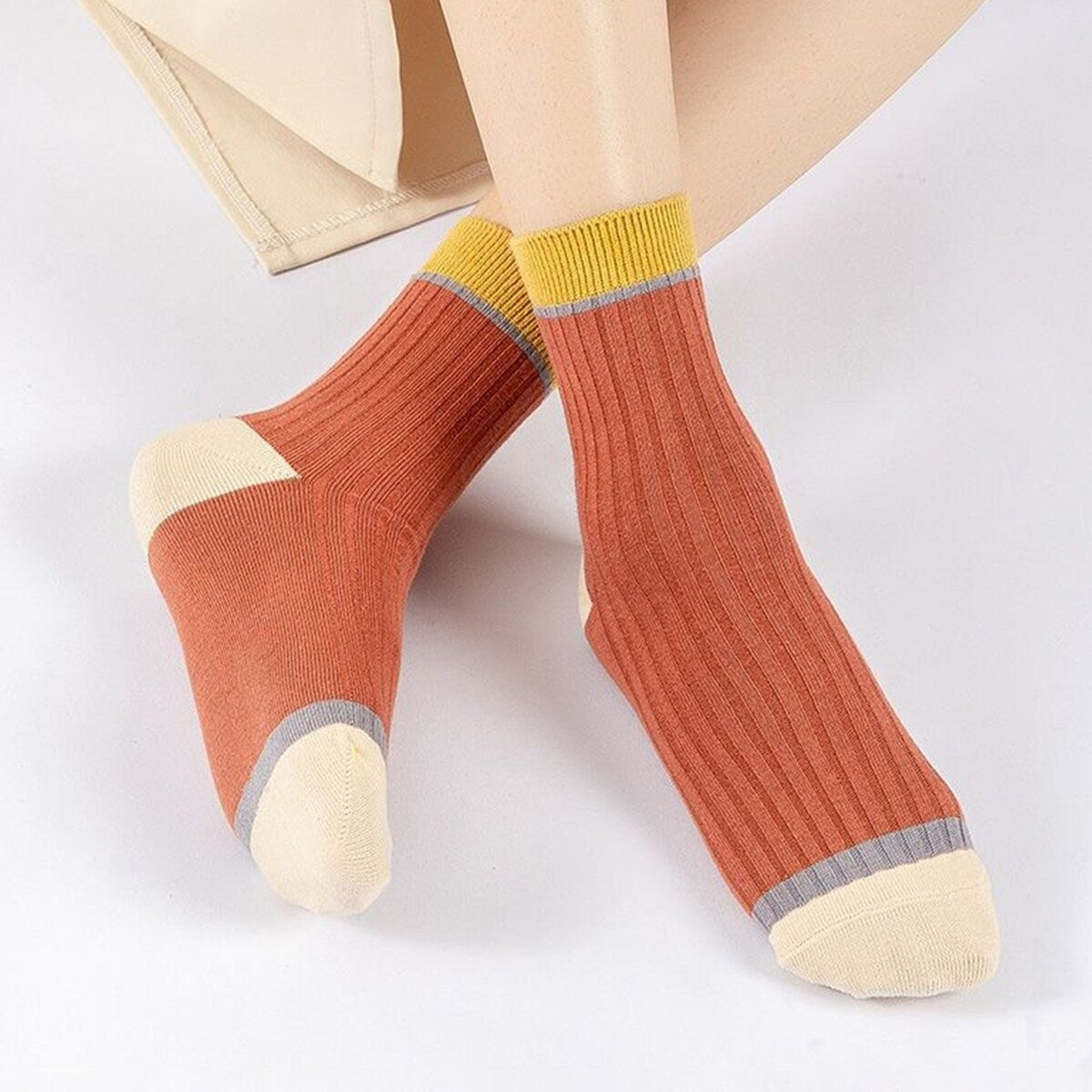 5 Pairs Women Candy Color Splicing Design Socks MidTube Ribbed Breathable SweatAbsorbent High Elastic Socks