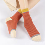 5 Pairs Women Candy Color Splicing Design Socks MidTube Ribbed Breathable SweatAbsorbent High Elastic Socks