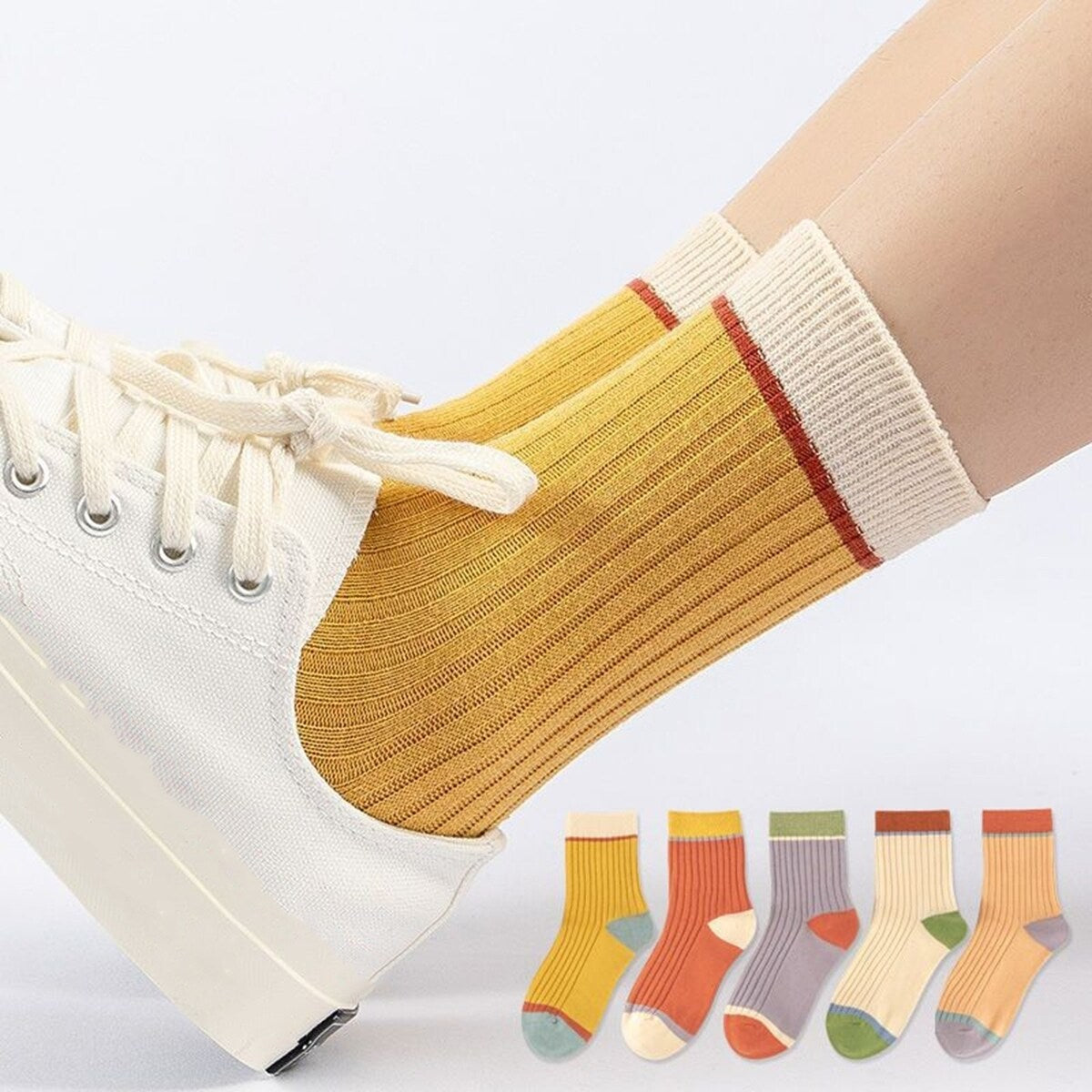5 Pairs Women Candy Color Splicing Design Socks MidTube Ribbed Breathable SweatAbsorbent High Elastic Socks