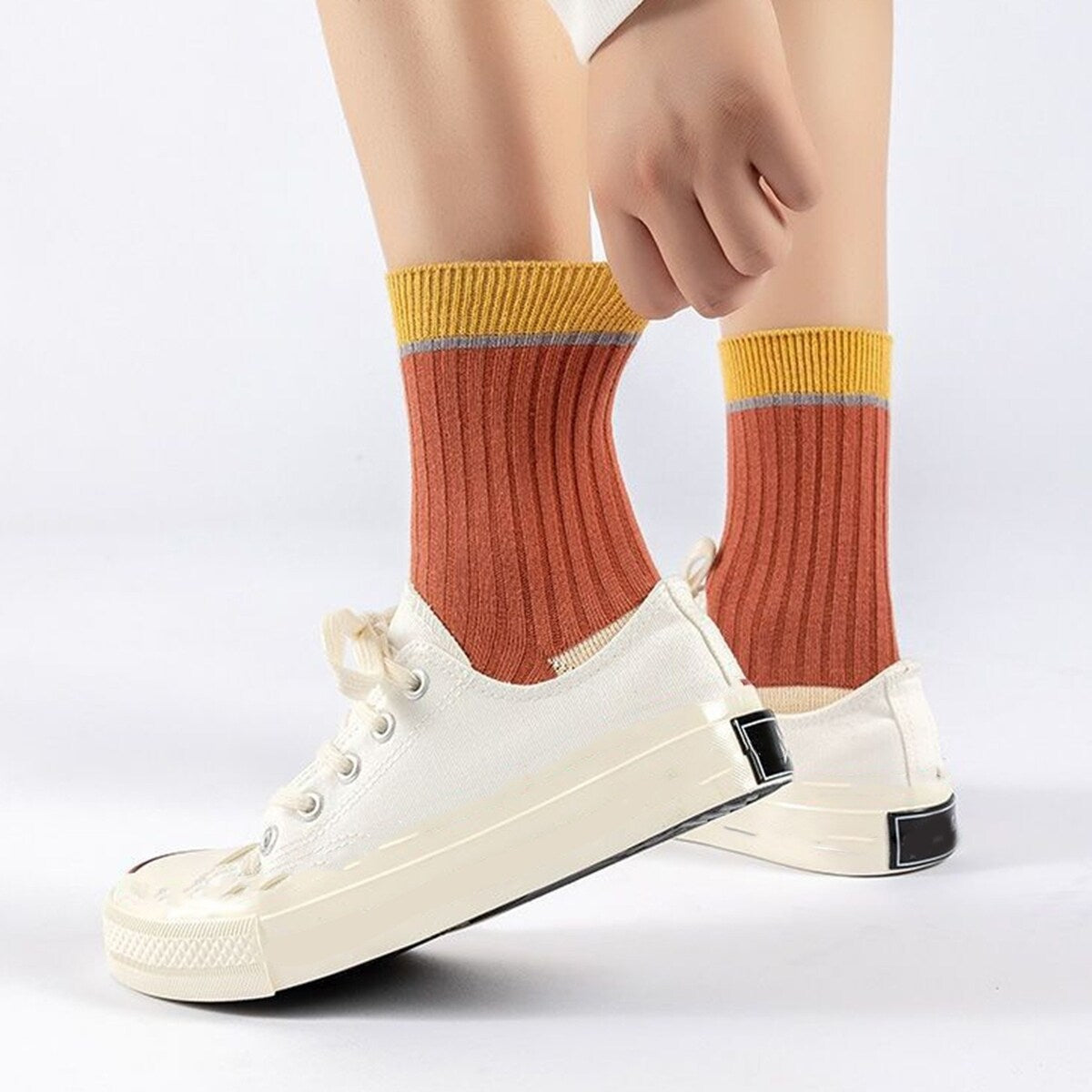5 Pairs Women Candy Color Splicing Design Socks MidTube Ribbed Breathable SweatAbsorbent High Elastic Socks