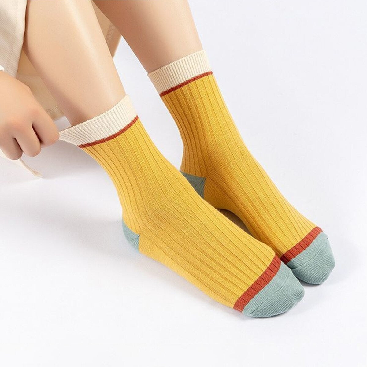 5 Pairs Women Candy Color Splicing Design Socks MidTube Ribbed Breathable SweatAbsorbent High Elastic Socks