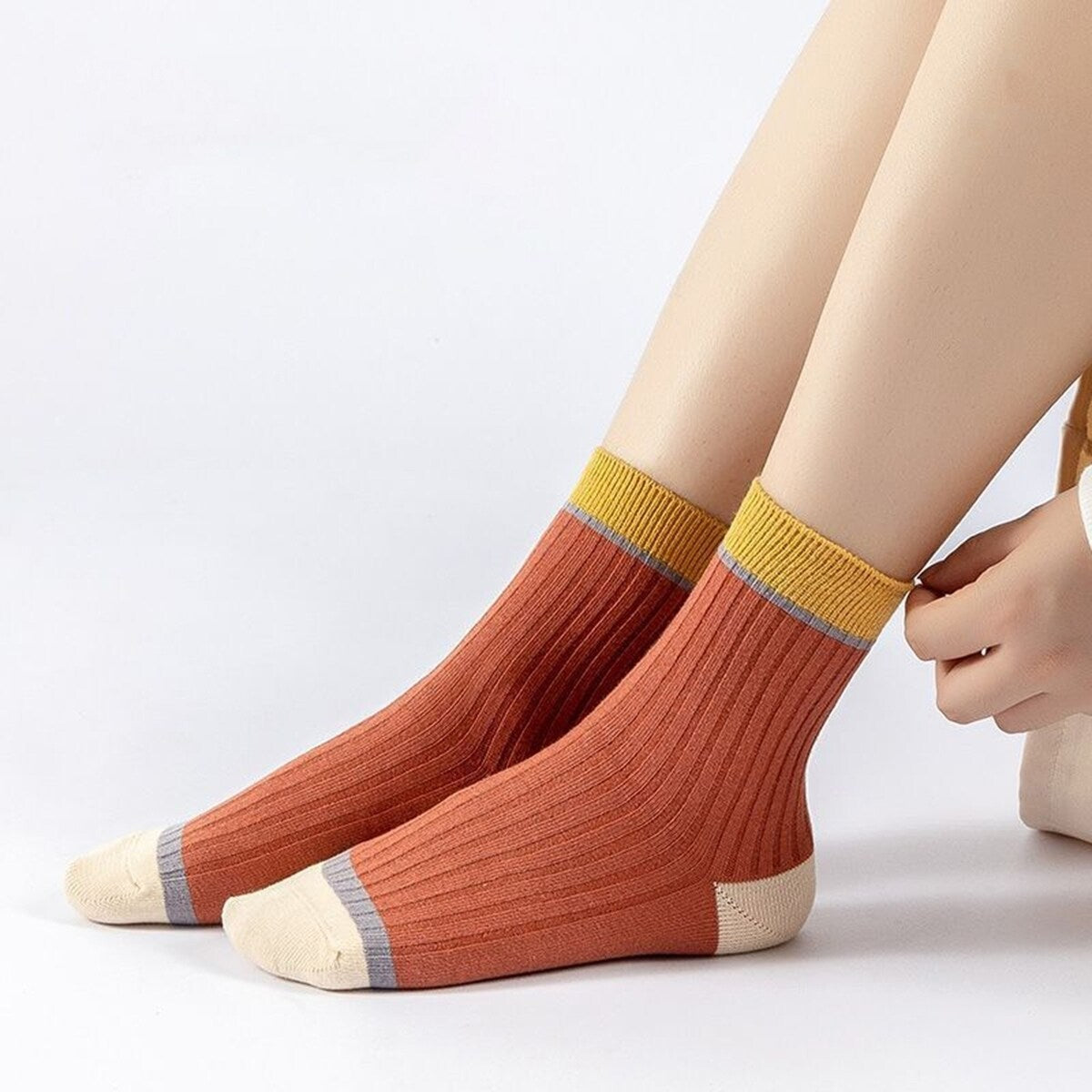 5 Pairs Women Candy Color Splicing Design Socks MidTube Ribbed Breathable SweatAbsorbent High Elastic Socks