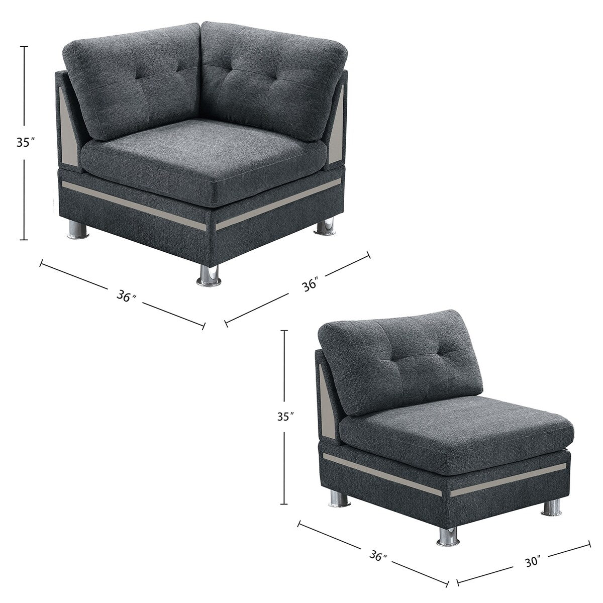 5 Piece Chenille Fabric Upholstered Modular Sectional Sofa Set with 2 Ottomans in Charcoal