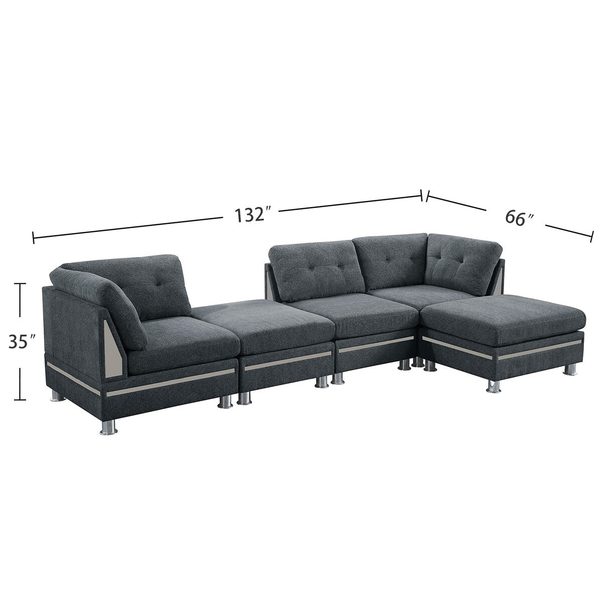 5 Piece Chenille Fabric Upholstered Modular Sectional Sofa Set with 2 Ottomans in Charcoal