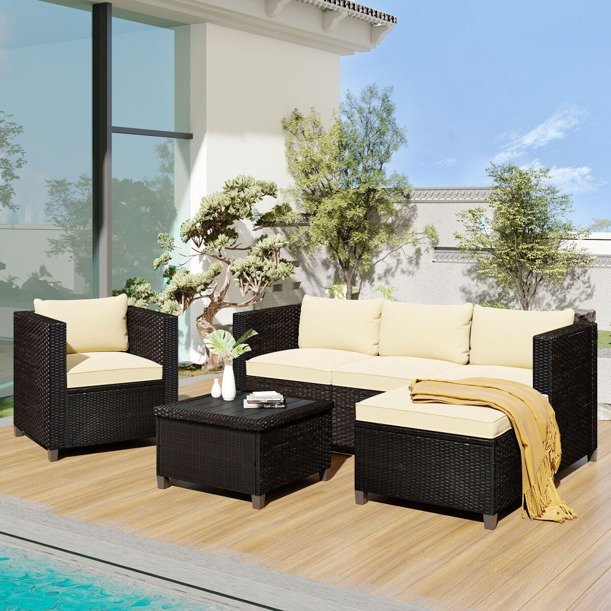 5 Piece Conversation Rattan Sectional Sofa