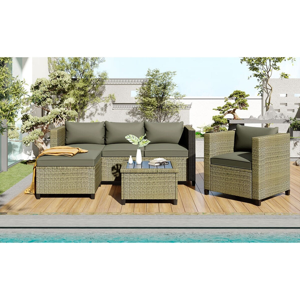 5 Piece Conversation Rattan Sectional Sofa