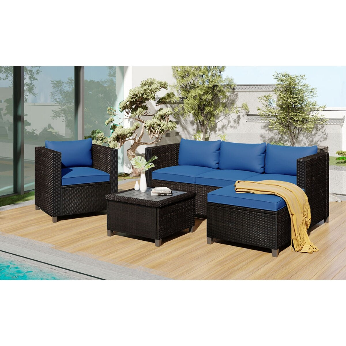 5 Piece Conversation Rattan Sectional Sofa