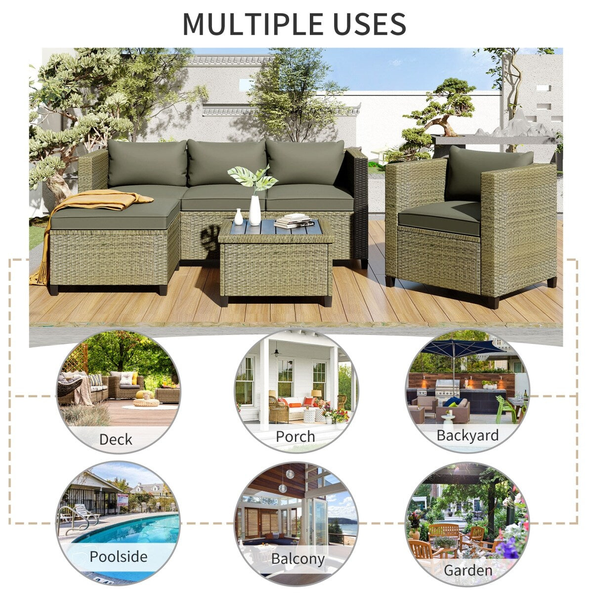 5 Piece Conversation Rattan Sectional Sofa