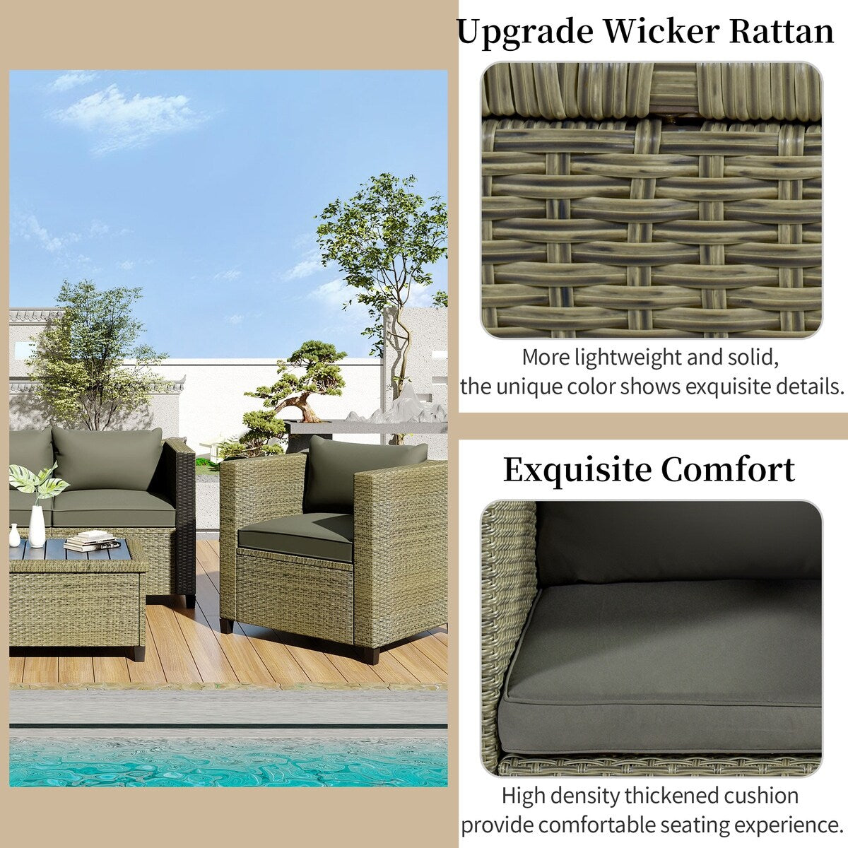 5 Piece Conversation Rattan Sectional Sofa