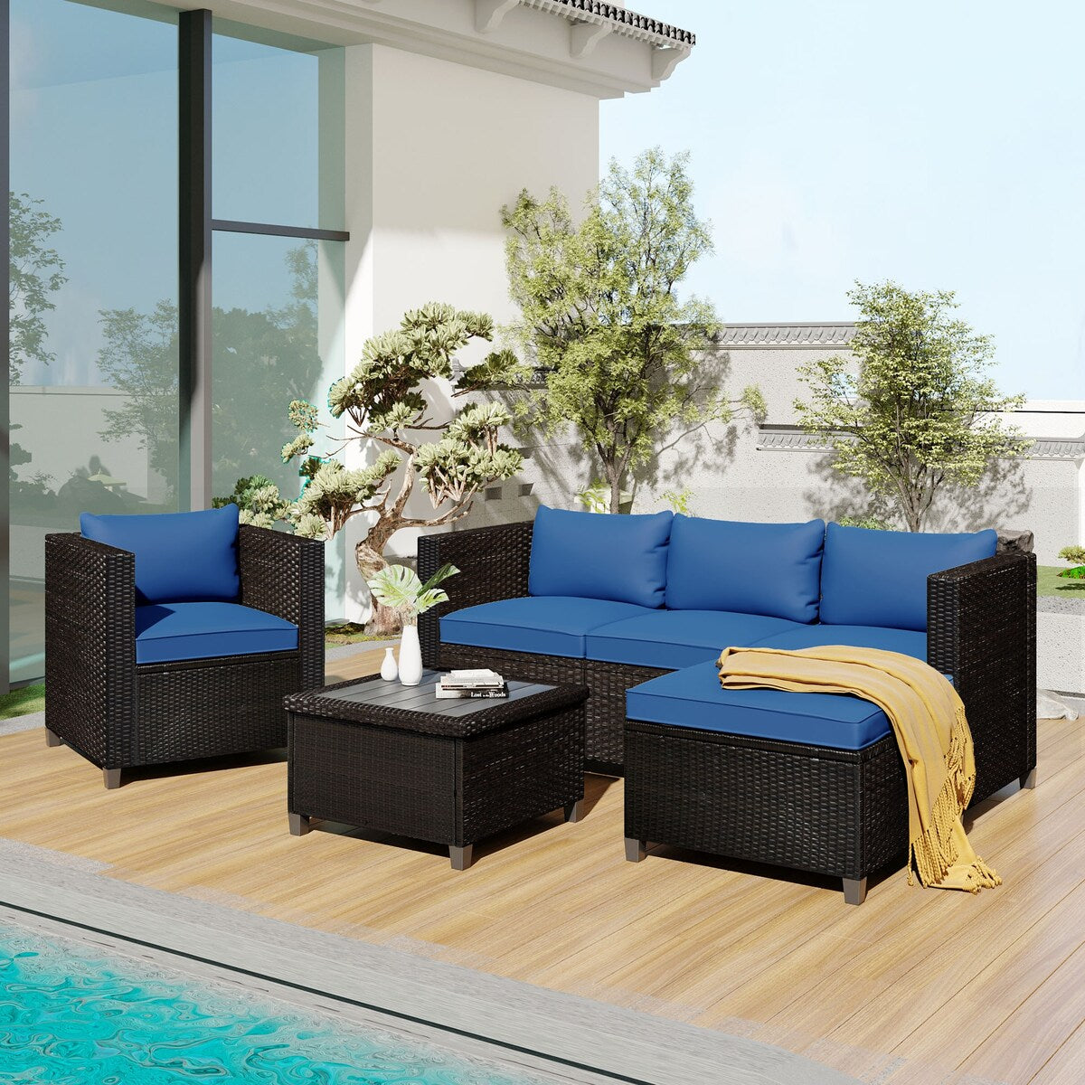 5 Piece Conversation Set Wicker Rattan Sectional Sofa with Seat Cushions