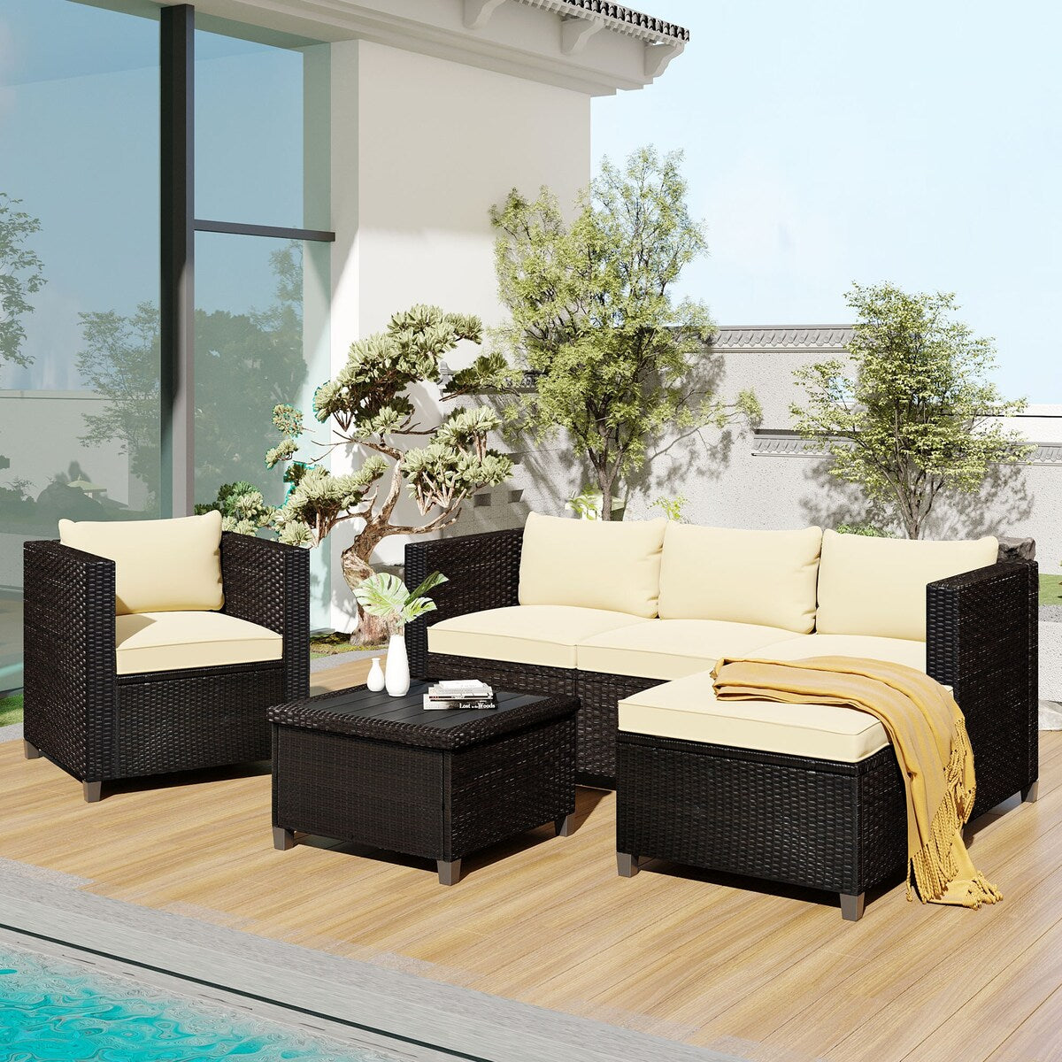 5 Piece Conversation Set Wicker Rattan Sectional Sofa with Seat Cushions