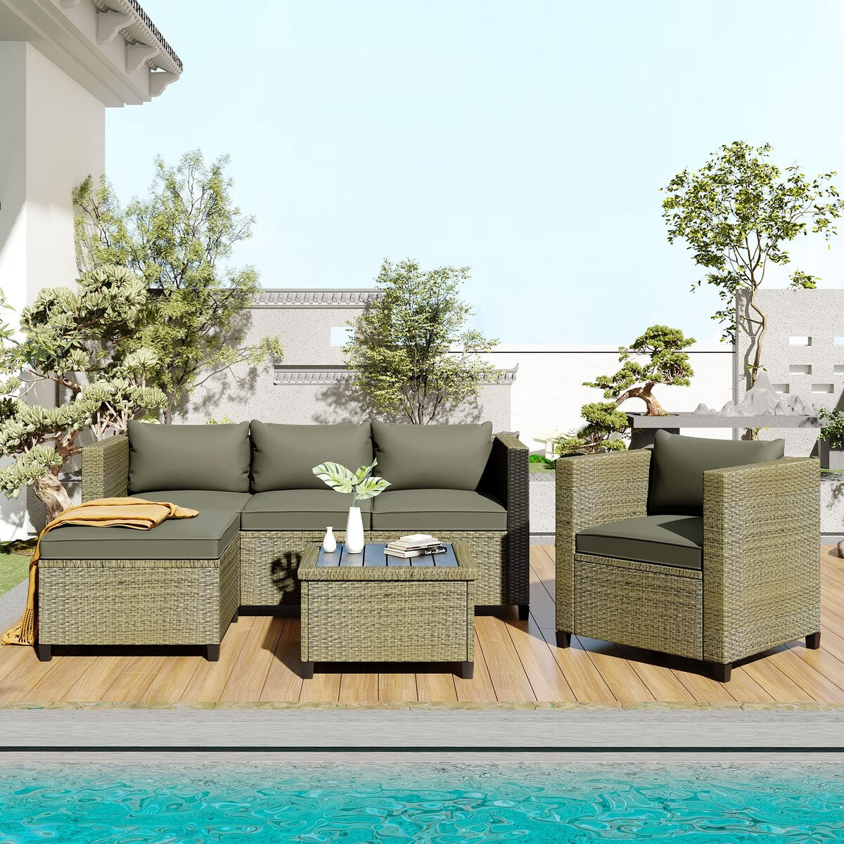 5 Piece Conversation Set Wicker Rattan Sectional Sofa with Seat Cushions