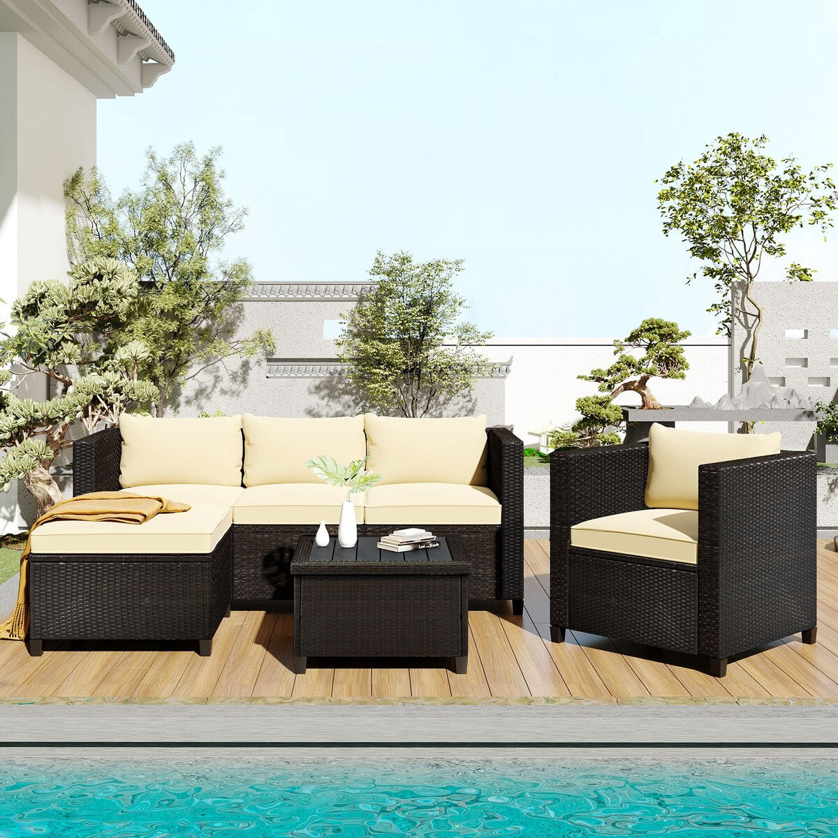 5 Piece Conversation Set Wicker Rattan Sectional Sofa with Seat Cushions