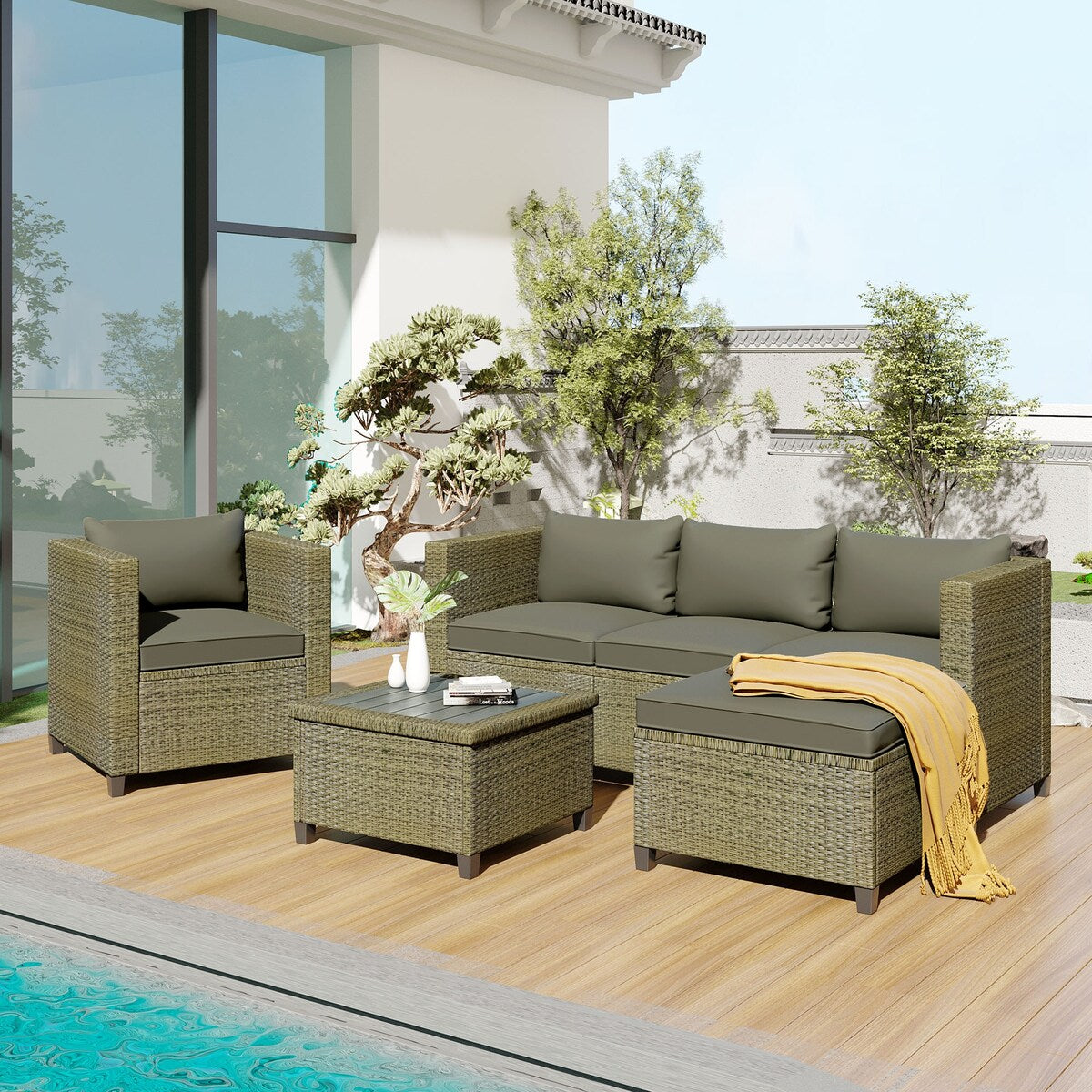 5 Piece Conversation Set Wicker Rattan Sectional Sofa with Seat Cushions