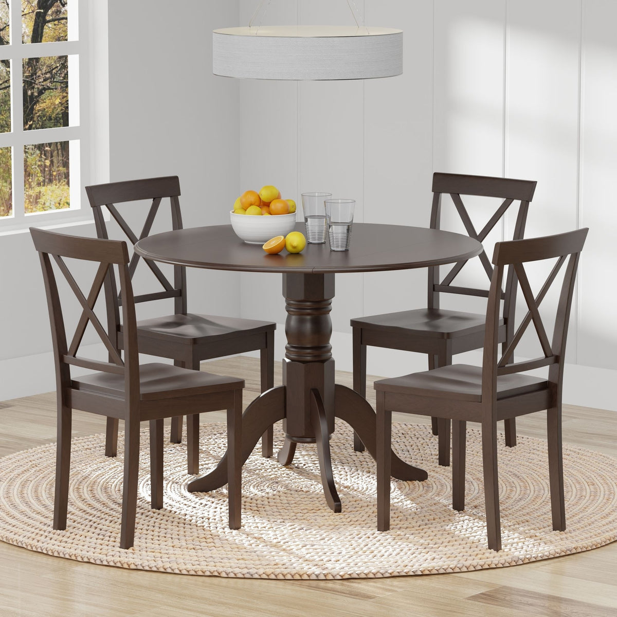5-Piece Dining Set, 42" Round Drop-Leaf Table and X-Back Chairs