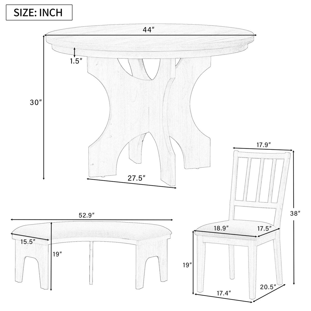 5-Piece Dining Table Set with Curved Bench & Side Chairs