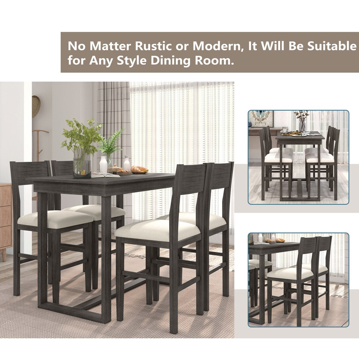 5-Piece Farmhouse Counter Height Dining Table Set with 1 Rectangular Dining Table and 4 Dining Chairs for Small Places