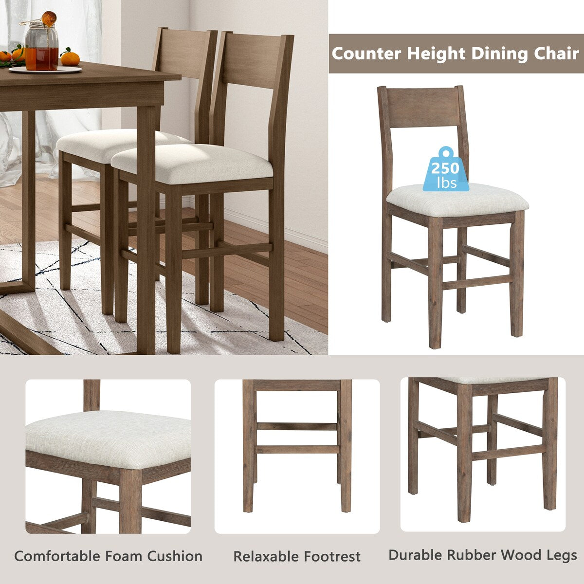 5-Piece Farmhouse Counter Height Dining Table Set with 1 Rectangular Dining Table and 4 Dining Chairs for Small Places