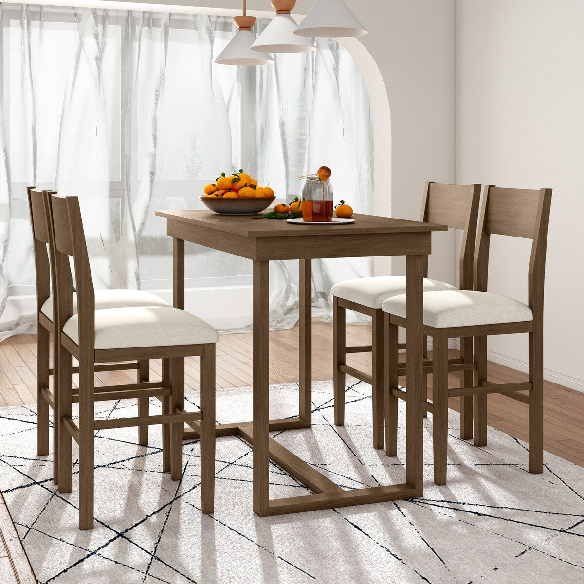 5-Piece Farmhouse Counter Height Dining Table Set with 1 Rectangular Dining Table and 4 Dining Chairs for Small Places
