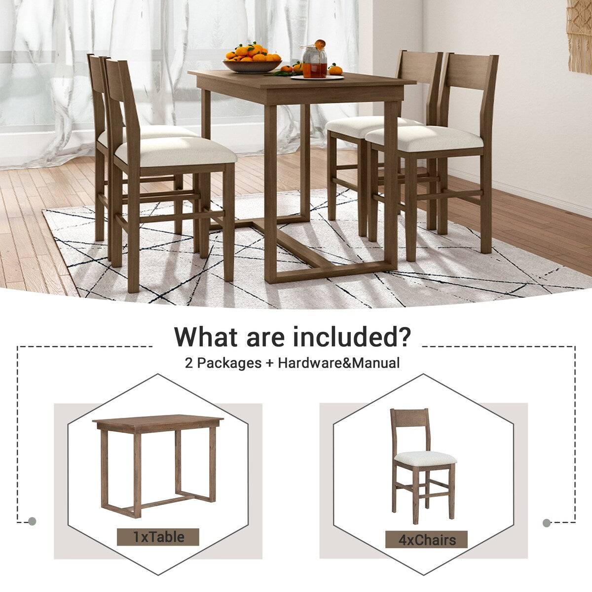5-Piece Farmhouse Counter Height Dining Table Set with 1 Rectangular Dining Table and 4 Dining Chairs for Small Places